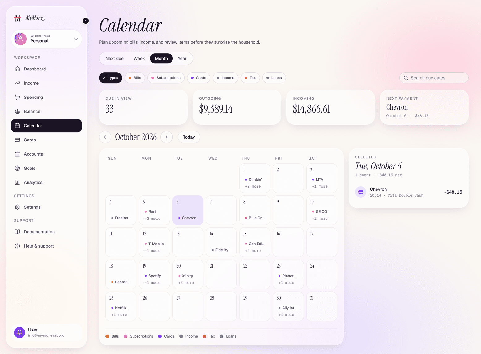 MyMoney's bills and subscriptions calendar